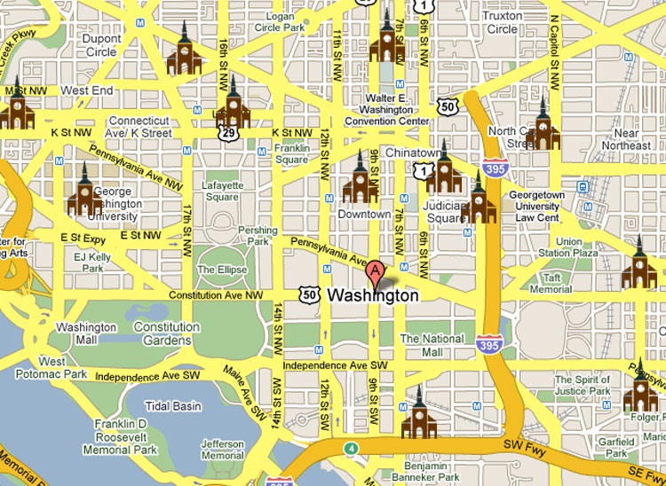 Map -- Daily Roman Catholic Mass In Downtown washington, DC