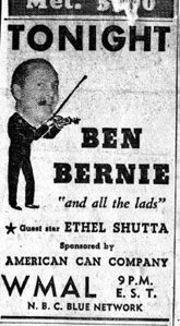 WMAL Ad from circa 1934 touting Ben Bernie Orchestra