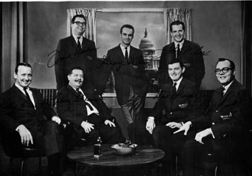 The WMAL crew about 1964: (l. to r.) Felix Grant, Jackson Weaver, Frank Harden (standing), George Wilson, John Wilcox, Dave McConnell, Bill Trumbull. McConnell is now with WTOP/CBS.
